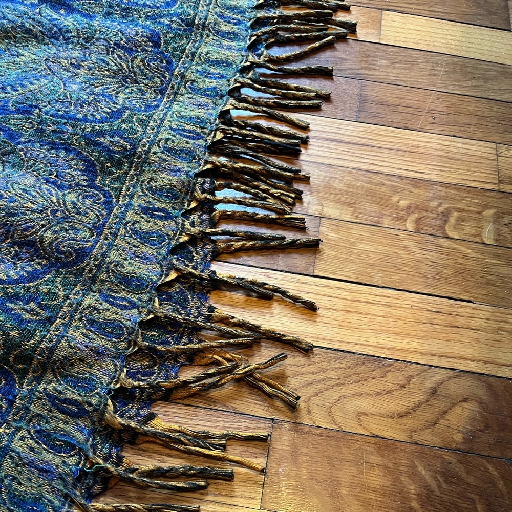 Tree of Life Blue Gold Pashmina Fringe Zip-Up Hoodie Jacket - Picture 7 of 9